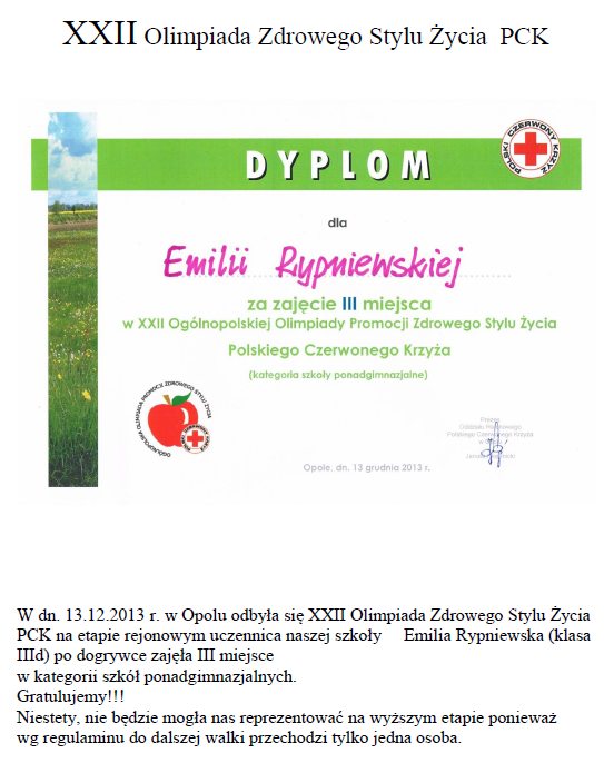 XXII Olimpiada Zdrowego Stylu ycia PCK Dyplom Emilia Rypniewska